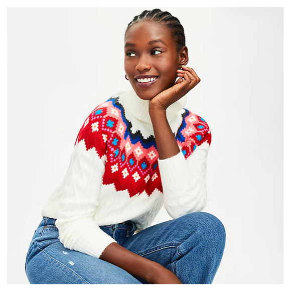 **NWT LOFT Ivory W/Red, Pink & Blue Fair Isle Turtleneck Cable Sweater - Picture 4 of 7